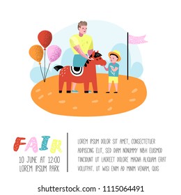 Summer Fun Fair Poster, Banner, Brochure. Amusement Park Characters Father with Son. Family Kids Vacation. Vector illustration