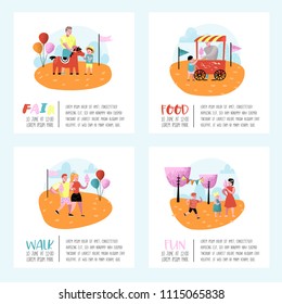 Summer Fun Fair Poster, Banner, Brochure. Amusement Park Characters with Cartoon People. Family Kids Vacation. Vector illustration
