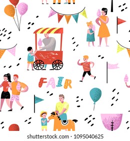 Summer Fun Fair Seamless Pattern. Amusement Park Characters with Cartoon People. Family Kids Vacation Background for Wallpaper, Fabric. Vector illustration