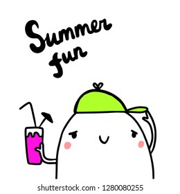 Summer fun hand drawn illustration with cute marshmallow holding cocktail