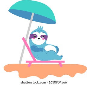 Summer fun hand drawn illustration with cute girl sloth. Sea and beach, vector illustration