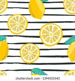 Summer fun hand drawn seamless pattern with stripes on background and colorful summer lemon fruits