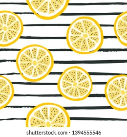 Summer fun hand drawn seamless pattern with stripes on background and colorful summer lemon fruits