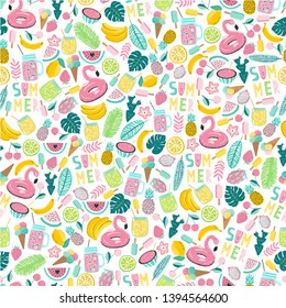 Summer fun hand drawn seamless pattern with flamingos and colorful summer fruits