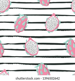 Summer fun hand drawn seamless pattern with stripes on background and colorful summer dragon fruits