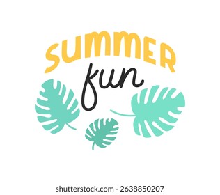 Summer Fun handwritten design with tropical palm leaves. Hand drawn Lettering. Black word with editable stroke. Typographic inscription for holiday poster, t shirt, banner, web, print, card