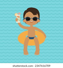 Summer fun. Happy boy swimming on an inflatable lap in the water with a drink. Young adult having fun on the ocean or sea. Travel destination and vacation time. Vector cartoon illustration