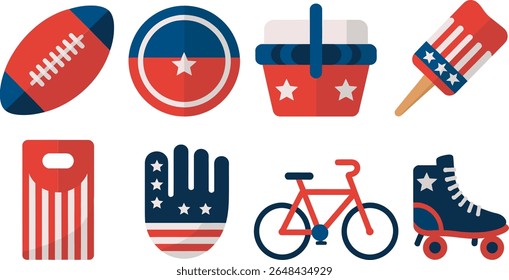 Summer fun icon set. Soda, cupcake, burger, bomb popsicle, USA themed ice cream, roller skate, drink bottle, watermelon slice. Red white blue sweet holiday celebration set