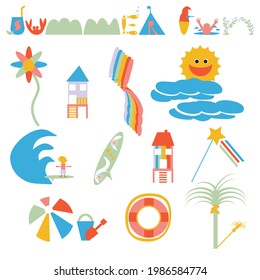 Summer fun icon set. Vector illustration. Drink, claws, mountain, fish, tent, ice cream, splash, flower, beach house, crayons, sun, surfing, surfboard, kite, ball, bucket, spade, life saver, and palm.