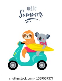 Summer fun illustration with cute characters of koalas and sloths, having fun. Pool, sea and beach summer activities, concept vector illustrations