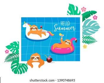 Summer fun illustration with cute characters sloths, having fun. Pool, sea and beach summer activities, concept vector illustrations