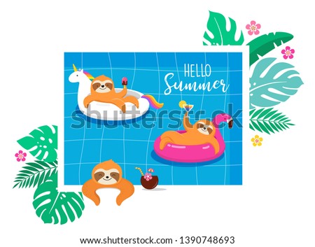 Summer fun illustration with cute characters sloths, having fun. Pool, sea and beach summer activities, concept vector illustrations