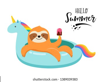 Summer fun illustration with cute sloth on unicorn swimming pool float. Concept vector illustrations, background