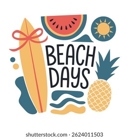 Summer fun illustration with surfboard, watermelon, sun, waves, and pineapple.