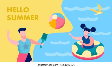 Summer Fun for Kids Postcard Flat Vector Template. Friends, Siblings Seaside Vacation. Summertime Outdoor Activities, Swimming, Sand, Ball Games. Hello Summer Lettering. Children Camp Advert Design