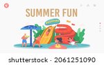 Summer Fun Landing Page Template. Kids Characters in Aquapark, Amusement Aqua Park with Water Attractions, Children Riding Slide and Swimming in Pool, Play with Gun. Cartoon People Vector Illustration