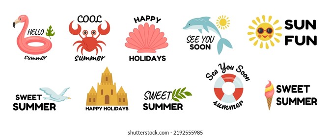 Summer Fun Logo Stickers. Cartoon Icons With Vacation Objects And Lettering Phrases. Enjoy Sun Or Beach. Sea Party Label. Summertime Holiday. Fruit Juice. Sea Animal. Vector Badges Set