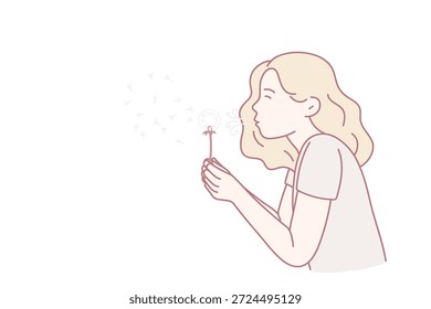 Sommerspaß und Wunschkonzept. Blonde Mädchen in weißem T-Shirt stehen und blasen flauschigen Löwenzahn Blume während Sommer Spaziergang Vektorgrafik