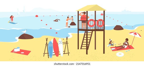 Summer fun on the beach. A lifeguard on a tower by the sea watches people in the sea. Afro mom watching baby playing in the sand. Seaside concept. Flat vector illustration.