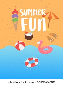Summer fun on sea beach banner with ocean sand, sun umbrella, swimming flamingo, holiday elements vector illustration. Vacation on sea summer beach poster.