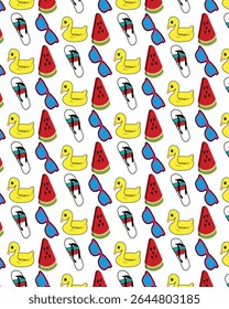 Summer Fun Pattern: A bright and cheerful seamless pattern filled with summer essentials like sunglasses, watermelons, flip-flops, and cute ducklings