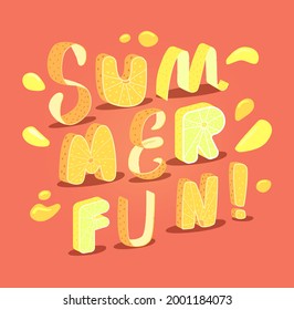 Verano frase divertida en el fondo oscuro. Jugosas y vibrantes cartas hechas a mano. Ilustración vectorial, banner, fondo de pantalla, volante, invitación, cartel