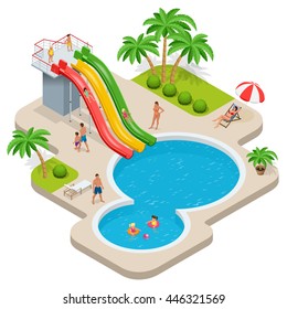 Summer fun at pool. Child with parents on water slide at aqua park. Summer-holiday. Flat 3d vector isometric illustration.