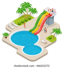 Summer fun at pool. Child with parents on water slide at aqua park. Summer holiday. Flat 3d vector isometric illustration.