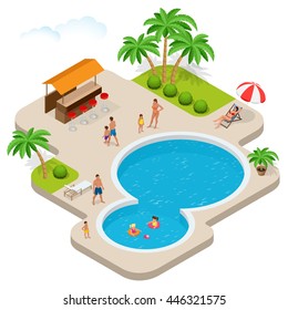 Summer Fun At Pool. Child With Parents On Water Slide At Aqua Park. Summer Holiday. Flat 3d Vector Isometric Illustration.