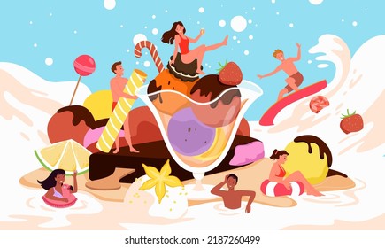 Summer fun pool party in huge bowl with ice cream balls vector illustration. Cartoon small young people surfing, friends swimming in waves of seasonal dessert with juicy fruit summertime background