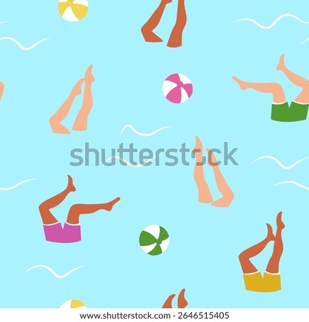 Summer fun pool seamless pattern. People's legs are sticking out of the water.