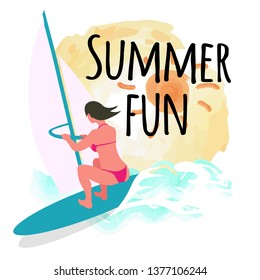 Summer fun postcard, sun and windsurfing woman, female surfing, waves vector isolated label. Person on board wearing swimsuit, surforboarder on vocation
