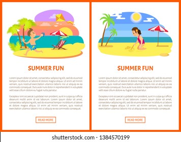 Summer fun poster of activity on beach, boy running with kite, girl sitting and drawing on sand, palm trees and ocean view, parasol and chair vector
