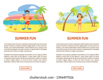 Summer fun poster of boy wearing underwater mask, flippers and inflatable circles. Girl in swimsuit holding towel on back, portrait view of children vector