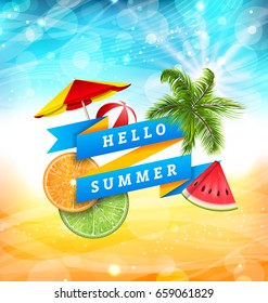 Summer Fun Poster Design with Watermelon, Umbrella, Beach Ball, Slices of Orange and Lime, Palm Tree Leaves. Banner Hello Summer - Illustration Vector
