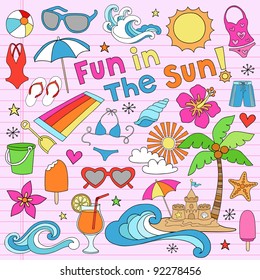 Summer Fun Psychedelic Groovy Notebook Doodle Design Elements Set on Pink Lined Sketchbook Paper Background- Vector Illustration