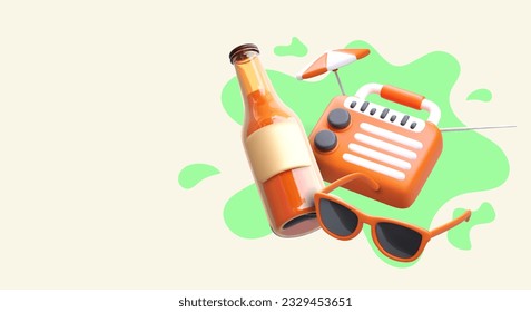 Summer fun. Realistic illustration on colored spotted background. 3D radio receiver, striped sun umbrella, sunglasses, beer bottle. Time to rest. Cool vector poster