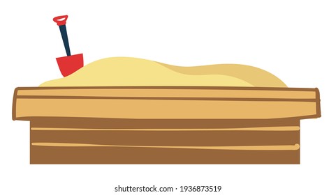 Summer fun and relaxation for kids, playing in sand box with plastic shovel. Isolated container for children, summertime and sandy space. Playground and funny activities. Vector in flat style