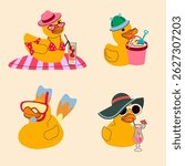 Summer Fun Rubber Ducks at the Beach.  Playful Cartoon Set