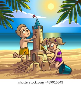 Sommerspass Sandburg. Cute Cartoon kleine Glückliche Kinder Junge und Mädchen bauen Sandburg auf einem tropischen Strand mit Palmen. Vektorgrafik.