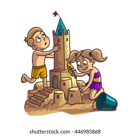 Castillo de arena de verano divertido. Pequeña caricatura cómica feliz Niño y niña están construyendo un castillo de arena en una playa tropical con palmeras. Ilustración vectorial.