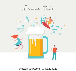 Summer fun scene, group of people, family and friends having fun against the huge beer glass, surfing, drinking cold beverage, playing on the beach