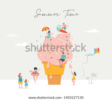 Summer fun scene, group of people, family and friends having fun against the huge ice cream, surfing, swimming in the pool, drinking cold beverage, playing on the beach