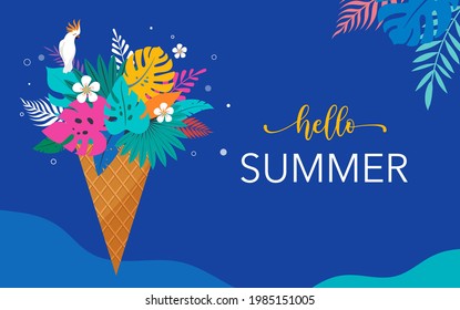 Summer fun scene with ice cream cone filled with jungle exotic leaves and white parrot. Hello summer background concept illustration and banner