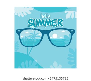 Diversión de verano. Vistas al mar y a la playa en verano con gafas de sol. Concepto de verano. Ilustración vectorial plana.
