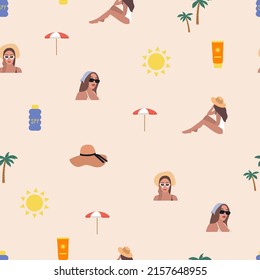 Summer fun. Seamless texture pattern. Sunscreen, beach umbrella, hat, women, sun. Vector