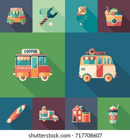 Summer fun set of flat square icons with long shadows.