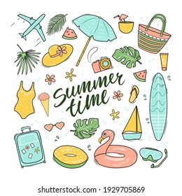 Summer fun set with an inscription. Hello summer. Vector illustration.