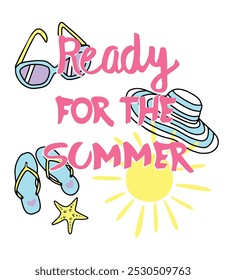 Summer fun slogan with Sunglasses, sun, hat, flip flops and a sea star. Vector illustration for t-shirt print and poster