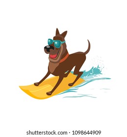 Summer fun sport icon. Dog on surf board isolated. Colorful comic cartoon. Domestic pet surfing  adventure on sea beach. Dogs days of summer banner background. Vacation season vector illustration